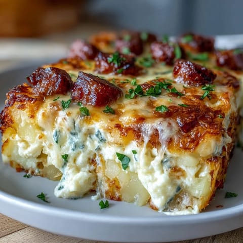 Amish breakfast casserole with crispy hash browns, savory sausage, and melted cheese in a golden egg bake.