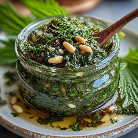 Vibrant dandelion pesto with garlic and pine nuts, perfect for pasta or as a flavorful spread.