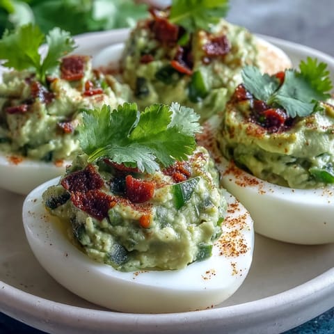 Creamy guacamole stuffed deviled eggs with avocado, lime, and a hint of jalapeño for a fresh, flavorful appetizer.