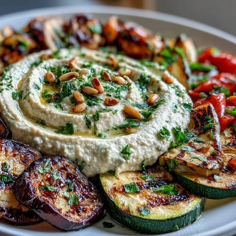Colorful grilled vegetable platter with hummus, featuring zucchini, bell peppers, eggplant, and cherry tomatoes for a healthy Mediterranean meal.