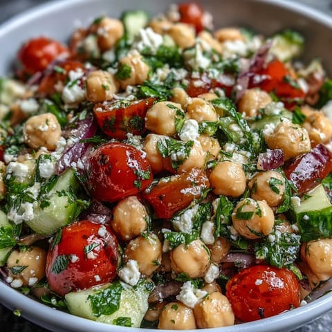 Refreshing Mediterranean chickpea salad bursting with parsley, mint, and zesty lemon dressing, served chilled for a light lunch.  