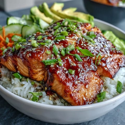 1. A colorful teriyaki salmon bowl with glazed salmon fillets, fresh cucumber, avocado, and carrot on jasmine rice, garnished with sesame seeds.  