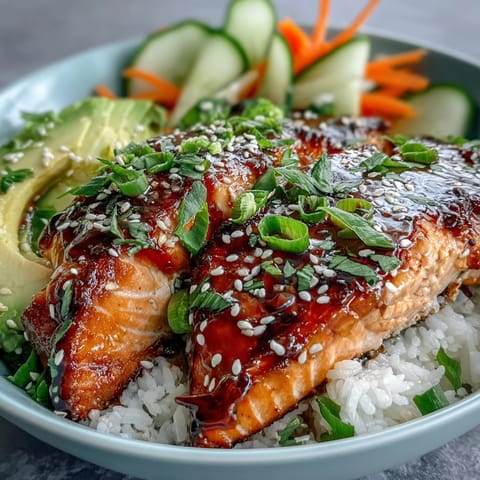 2. Quick and vibrant teriyaki salmon bowl featuring tender glazed salmon, crisp vegetables, and fluffy rice, topped with scallions and sesame.  