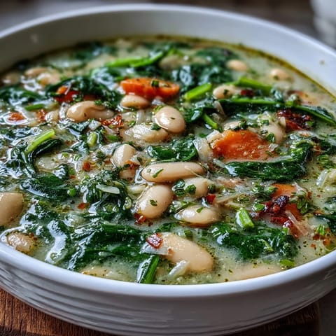A rustic bowl of Tuscan White Bean and Spinach Soup with tender vegetables and fresh spinach in a savory broth.