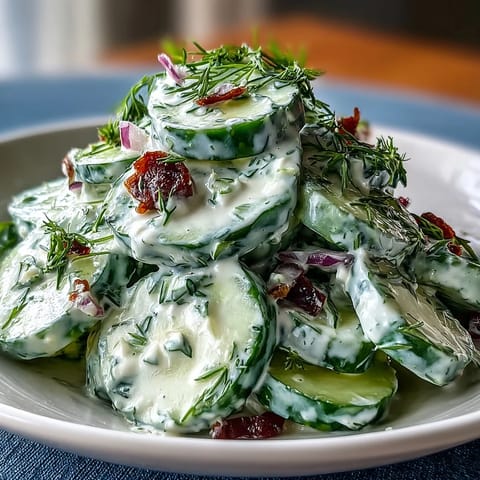 A refreshing summer salad featuring creamy dill dressing over sliced cucumbers and onions