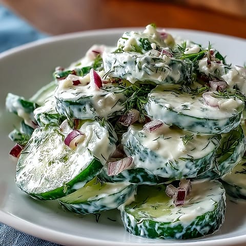 Creamy Cucumber Dill Salad with crisp cucumbers and red onion in a tangy sour cream dressing