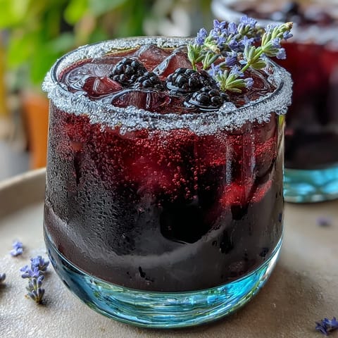 A sparkling glass of blackberry lavender lemonade fizz with fresh berries and lemon slices.  