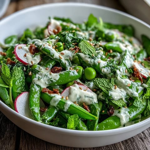 A colorful spring salad featuring crisp snap peas and thinly sliced radishes tossed in creamy tahini dressing.
