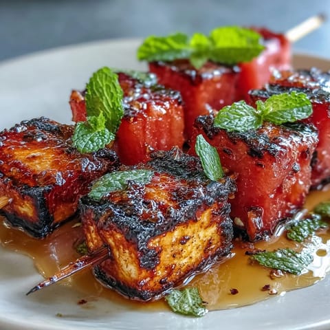 Grilled halloumi skewers shine with juicy watermelon chunks and fragrant mint leaves, perfect for summer gatherings.