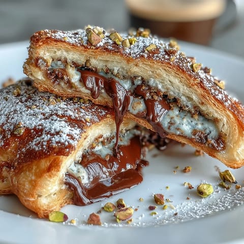 Decadent chocolate-stuffed croissants soaked in creamy custard and topped with crushed pistachios for a luxurious breakfast.