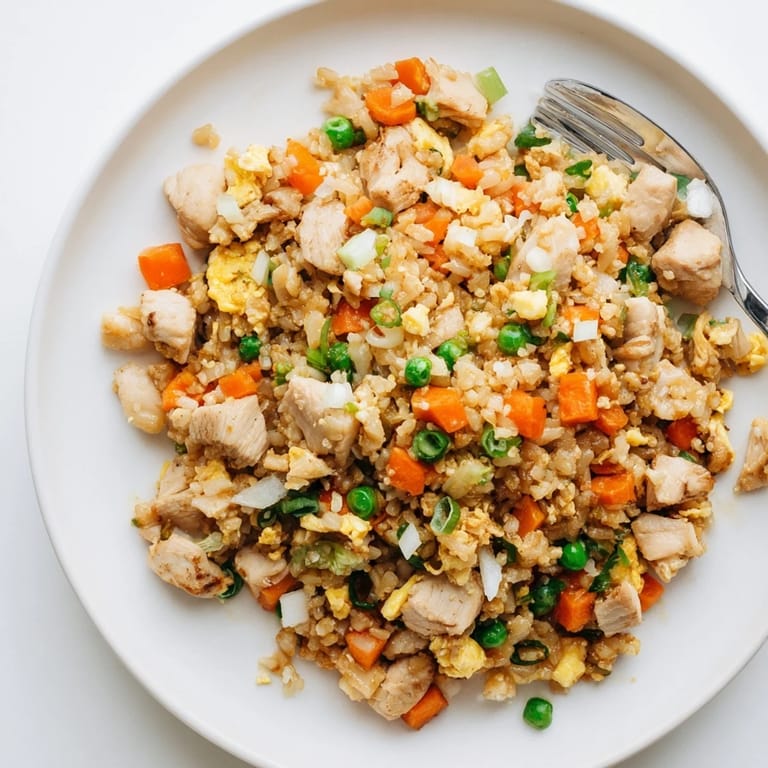 A savory serving of Chicken Fried Rice topped with fresh green onions, ready for chopsticks or a fork.