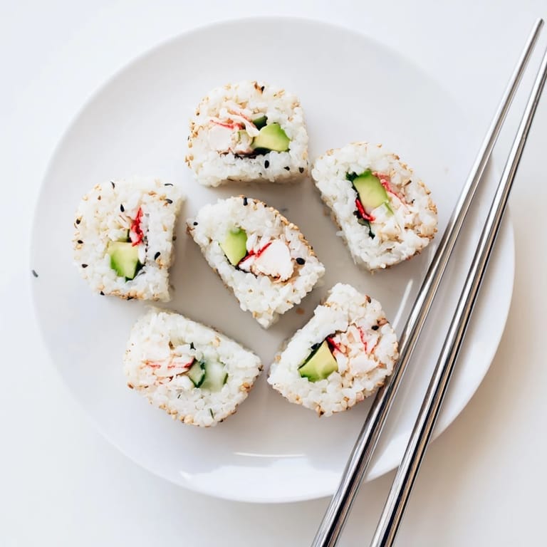 Chilled California Roll pieces topped with sesame seeds, served with soy sauce, ginger, and wasabi on a plate.