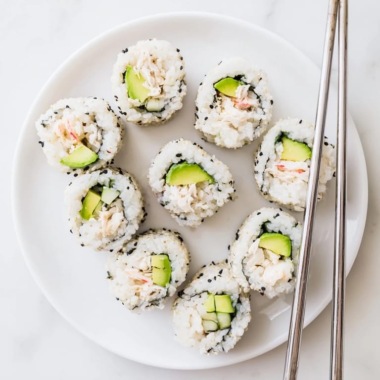 Hand-held California Roll being dipped into soy sauce, highlighting the nori-wrapped sushi with avocado and crab filling.
