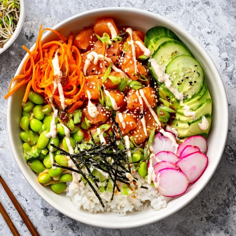 Colorful Poke Bowl garnished with nori strips and sesame seeds, ready to be enjoyed for a light dinner.