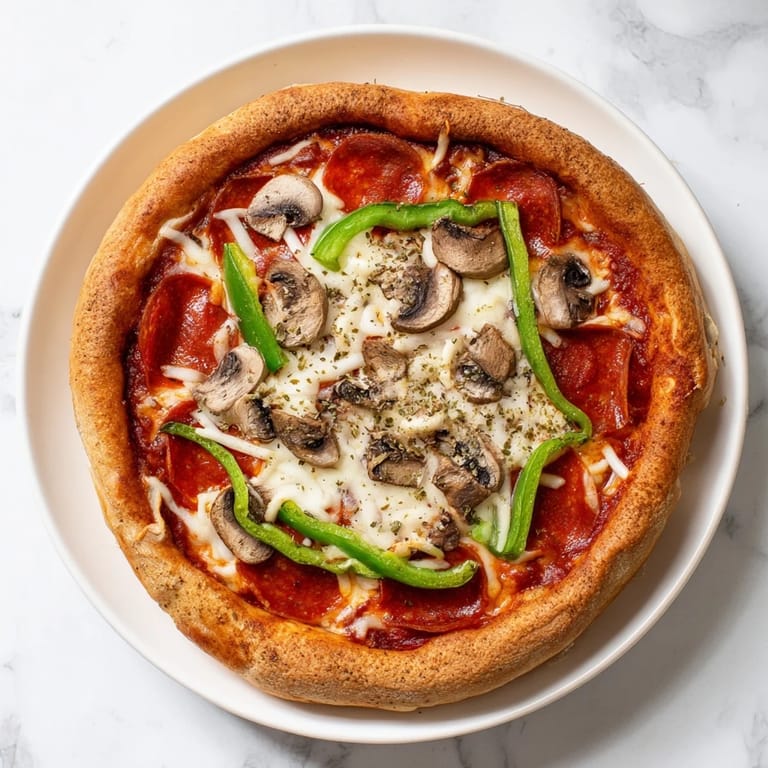 Close-up of a homemade Stuffed Crust Pizza with pepperoni and oregano, served hot on a rustic wooden cutting board ready to slice.