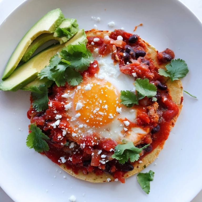 Warm Huevos Rancheros topped with creamy avocado, crumbled queso fresco, and lime wedges on a rustic plate.