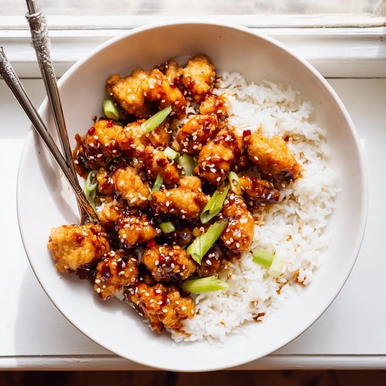 General Tsos Chicken topped with scallions and sesame seeds on a bed of fluffy rice.