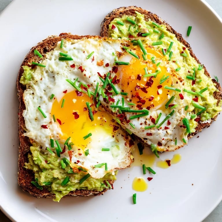 Fresh avocado toast with a runny-yolk fried egg, cilantro, and chili flakes, ready to serve with hot coffee.