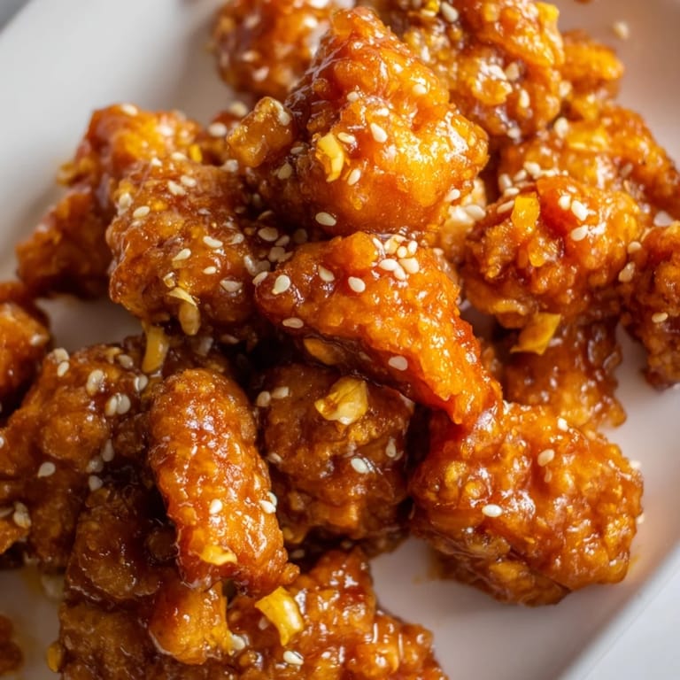 Close-up of coated Orange Chicken pieces on a platter garnished with green onions for a fresh pop of color.