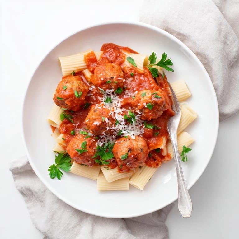 A close-up of tender turkey meatballs in a chunky marinara, garnished with fresh parsley and ready to serve over pasta.