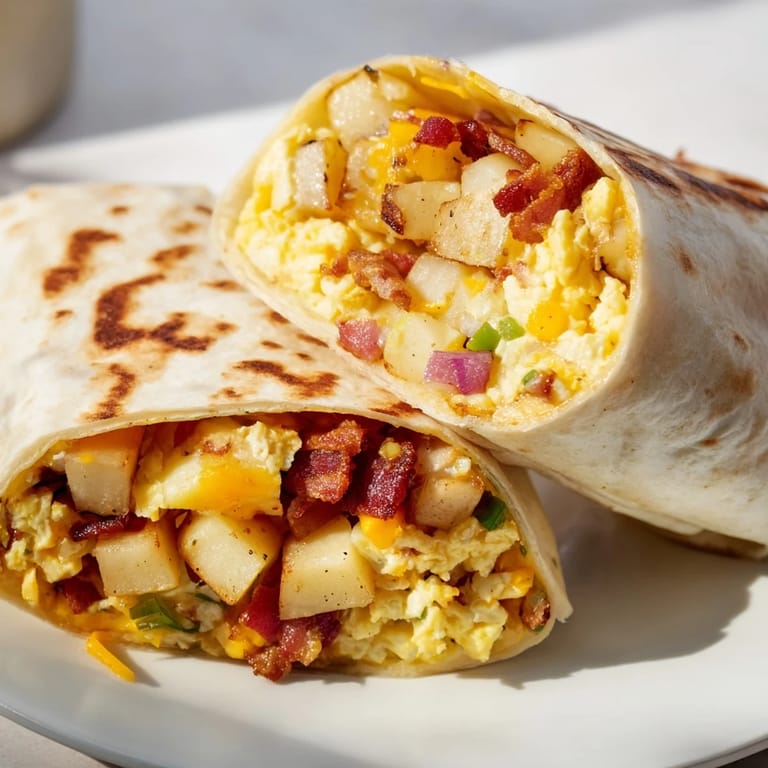 Hearty, freshly rolled Breakfast Burrito overflowing with fluffy eggs, crispy potatoes, melted cheese, and your choice of bacon or sausage, served hot.