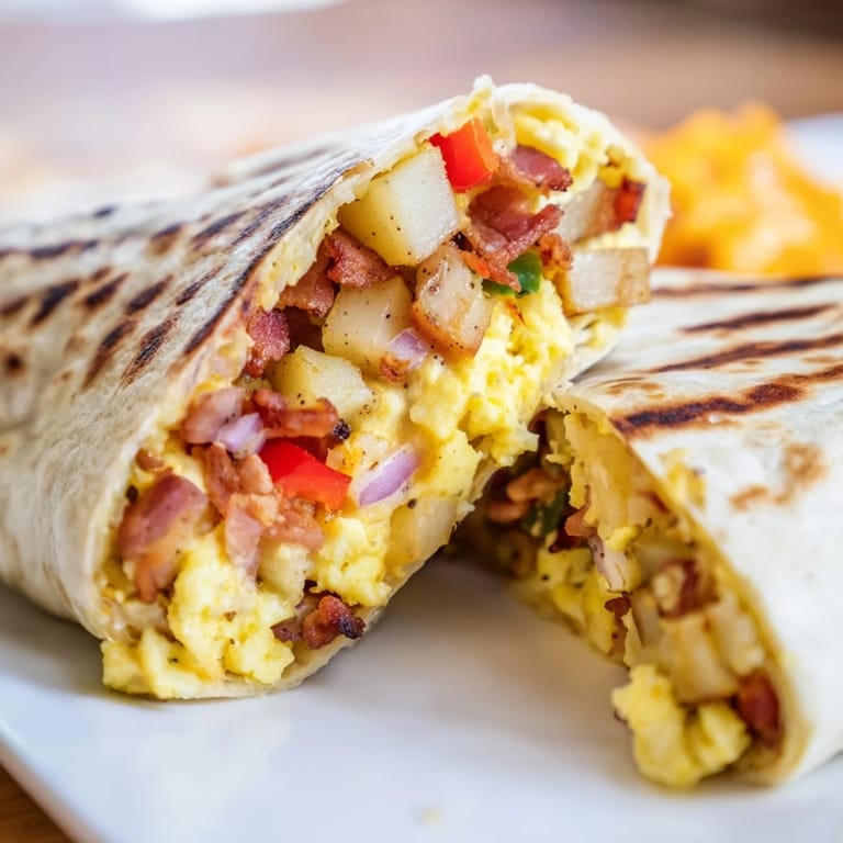 Close-up of a delicious Breakfast Burrito cut in half, revealing fluffy eggs, crispy potatoes, and melted cheddar, ready to be enjoyed.