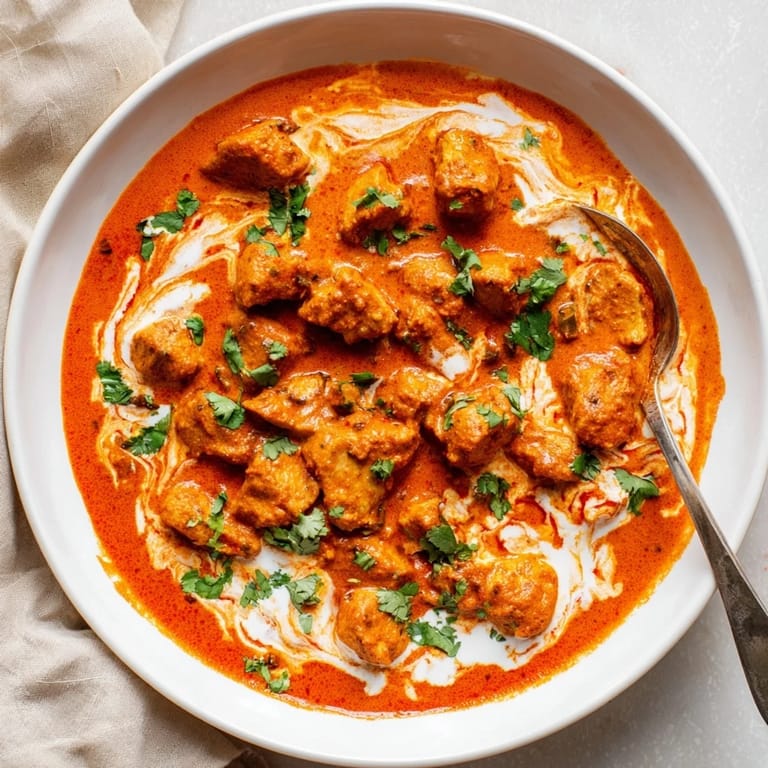 Fresh cilantro garnish brightens the rich Chicken Tikka Masala stew, with warm naan bread slices sitting beside the saucy main dish.