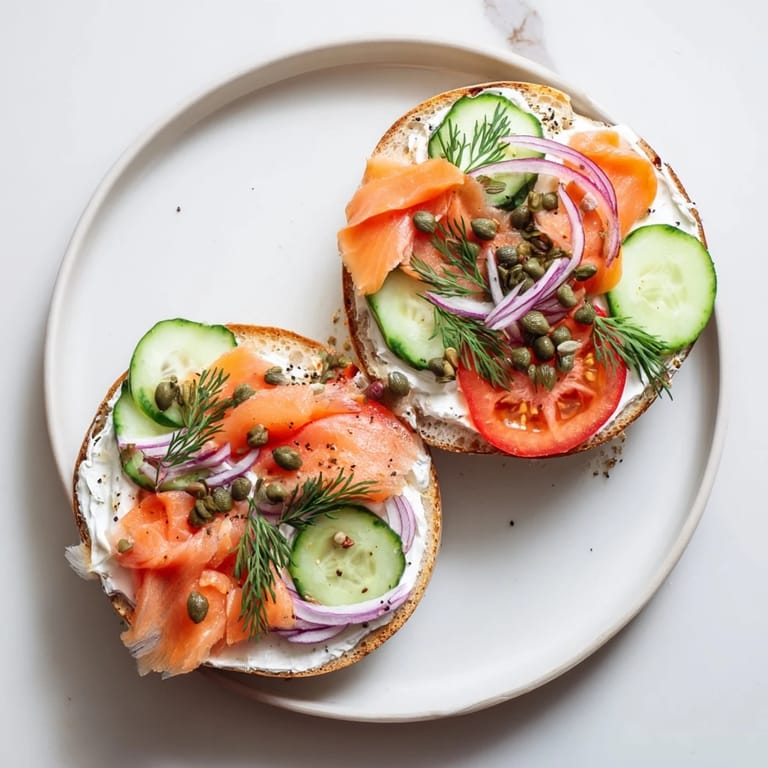 Close-up of a fresh bagel with cream cheese and smoked salmon, capers, and tomato slices.