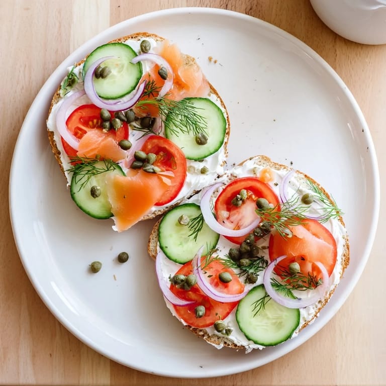 A toasted sesame bagel generously slathered with cream cheese and crunchy cucumber rounds for breakfast.