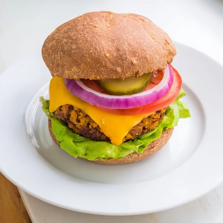 Golden-brown veggie burger patty on a toasted bun, topped with lettuce, tomato, onion, and condiments, served with a side of sweet potato fries.