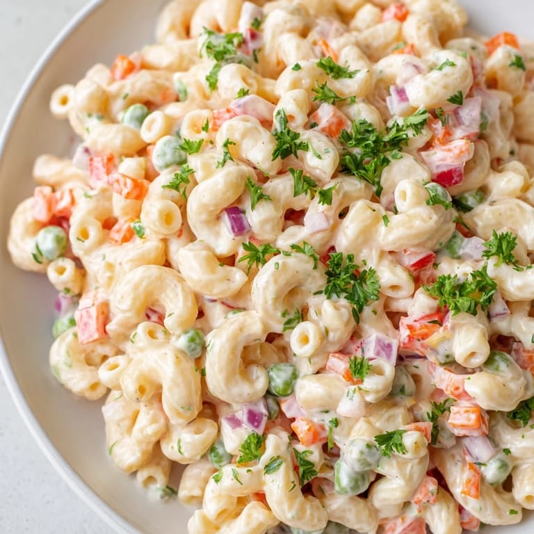 Served chilled at a summer picnic alongside grilled burgers, this classic macaroni salad looks creamy and refreshing on a wooden table.