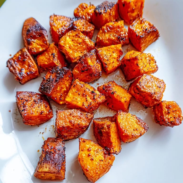 Roasted sweet potatoes, glistening with olive oil and paprika, served from a rustic platter.