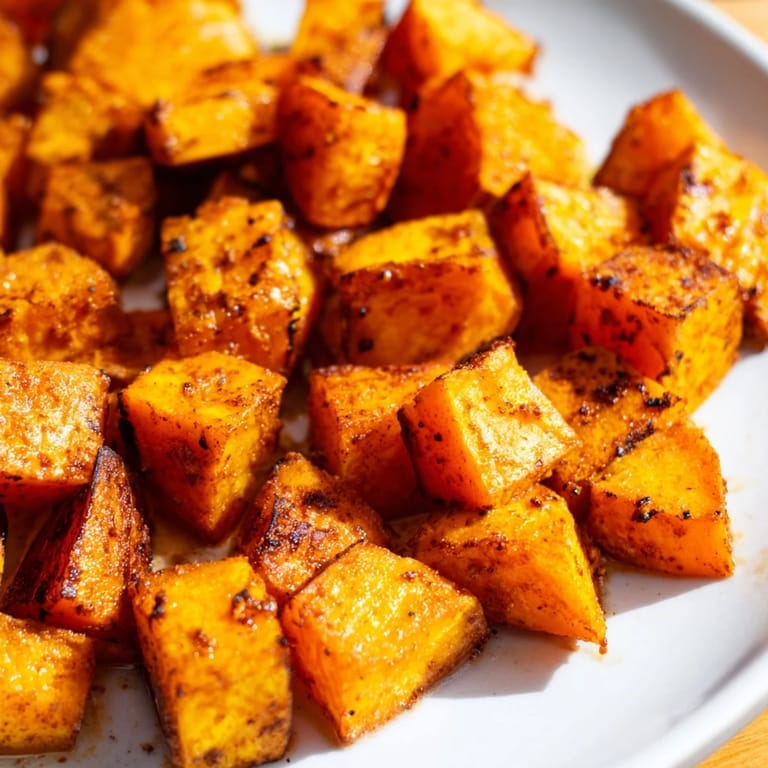 Caramelized roasted sweet potatoes with garlic and cumin, ready to serve alongside grilled chicken.