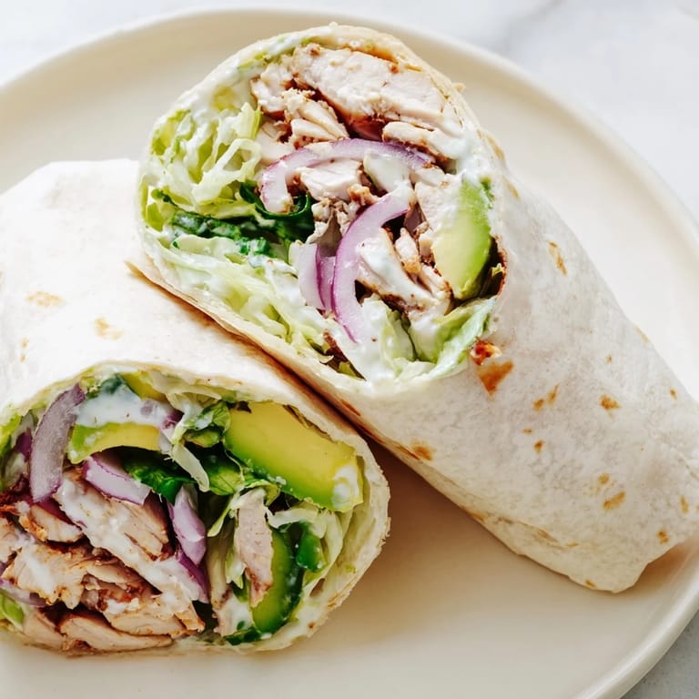 Freshly assembled Smoky Chipotle Chicken Wrap with grilled chicken, avocado, and crisp lettuce.  