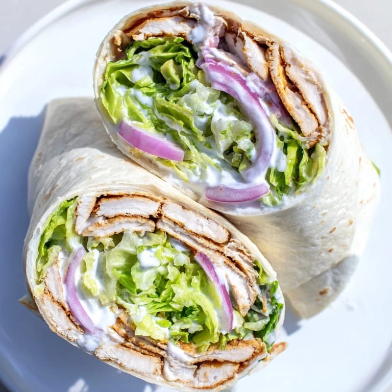 Warm Smoky Chipotle Chicken Wrap drizzled with creamy Greek yogurt sauce on a rustic plate.