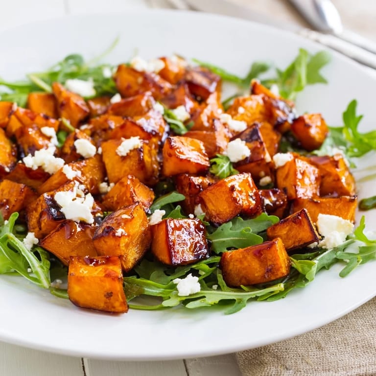 This close-up of Roasted Sweet Potato Salad shows golden-brown sweet potato cubes atop fresh arugula with crumbled feta and a tangy dressing.