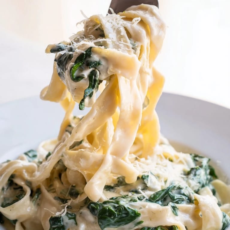 Fresh baby spinach and grated Parmesan cheese coat the silky garlic cream sauce in this easy Italian-inspired pasta dish.