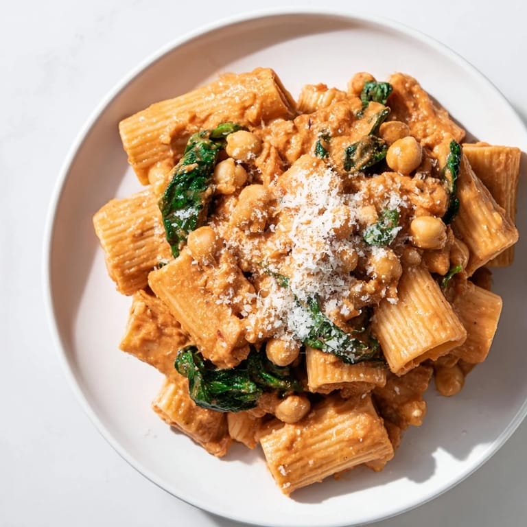 A skillet of Creamy Tuscan Chickpea Pasta featuring wilted spinach and chickpeas simmering in garlicky tomato cream, ready to serve.