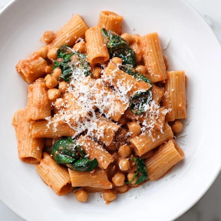 Close-up of Creamy Tuscan Chickpea Pasta tossed in a creamy sauce with spinach and chickpeas, garnished with grated Parmesan.
