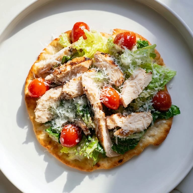 Sizzling grilled Chicken Caesar Flatbread with bright green romaine, parmesan shavings, and a drizzle of classic Caesar dressing.