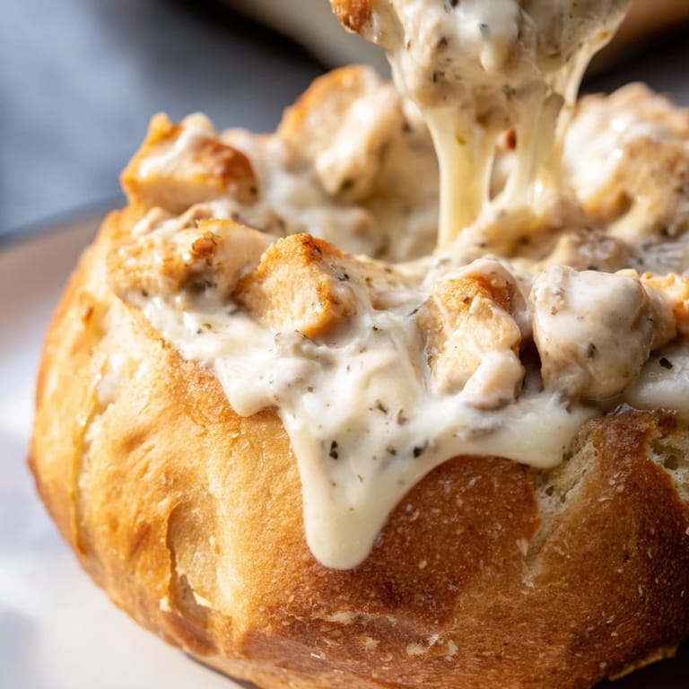 Freshly grated Parmesan and tender chicken fill this savory bread bowl, ready to serve with a crisp green salad.