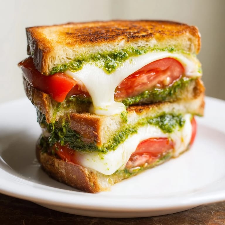 A close view of a Caprese Pesto Grilled Cheese highlights buttery golden crust, melted mozzarella, and fresh tomato stacked with aromatic basil pesto inside.