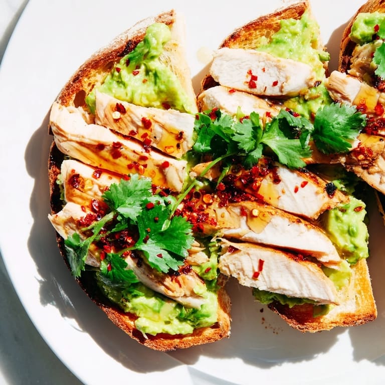 Crisp multigrain toast holds tender, smoky paprika-seasoned chicken layered over bright lemony avocado, finished with a spicy-sweet drizzle of honey and chili flakes.