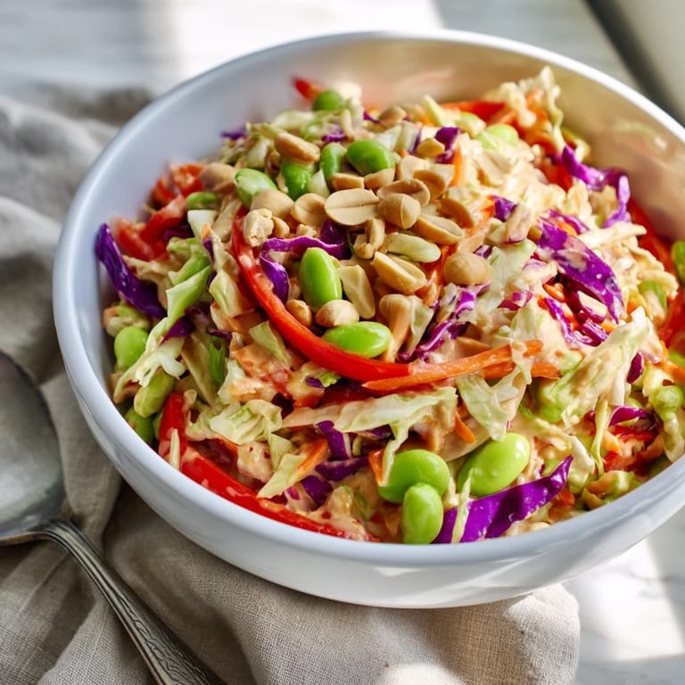 A serving platter of Crunchy Thai Peanut Salad, a vibrant and colorful dish with shredded green and purple cabbage, carrots, and edamame, drizzled with a creamy peanut sauce.