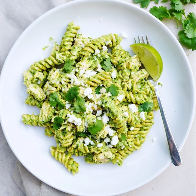 Shredded chicken and rotini coated in vibrant green cilantro-lime yogurt sauce, served warm with crumbled feta cheese for a fresh, zesty meal.