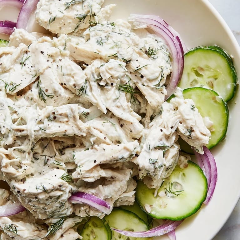 A chilled bowl of creamy cucumber chicken salad garnished with fresh dill and green onions, served in lettuce cups.  