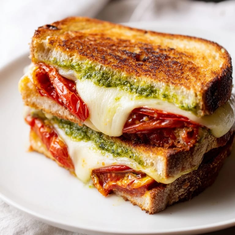 A close-up of Roasted Tomato Pesto Grilled Cheese showing herb-flecked pesto spread and caramelized tomato slices on thick, buttery bread.