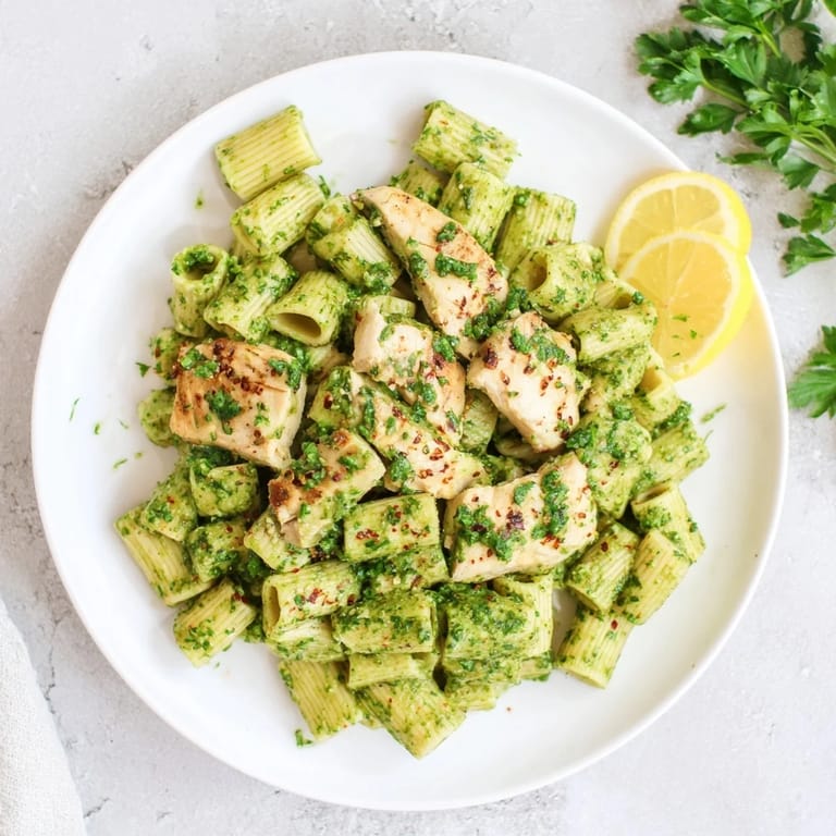 Succulent Chimichurri Chicken Pasta features al dente noodles tossed with smoky chicken and a bright, garlicky green sauce.  