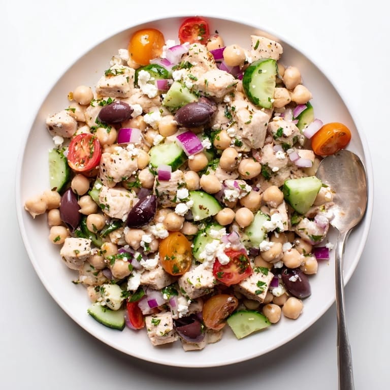 Colorful Mediterranean Chickpea Chicken Salad served in a white bowl, ready for a healthy lunch or light dinner.