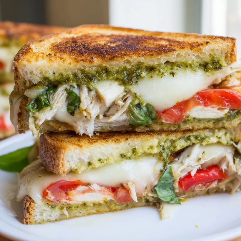 Buttery, golden-brown Mozzarella Pesto Chicken Grilled Cheese with vibrant green pesto, tomato slices, and melted cheese oozing out.